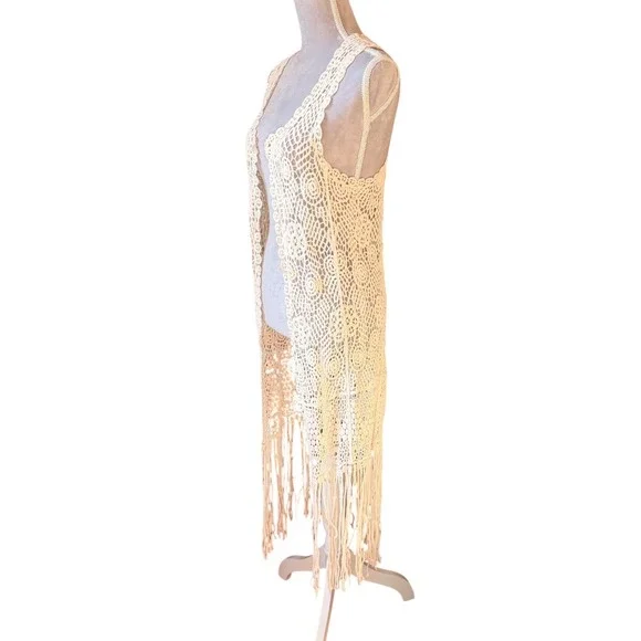 Adiva Crochet Duster Vest Womens Medium Cream Boho Fringe Longline Open Front - Picture 5 of 8